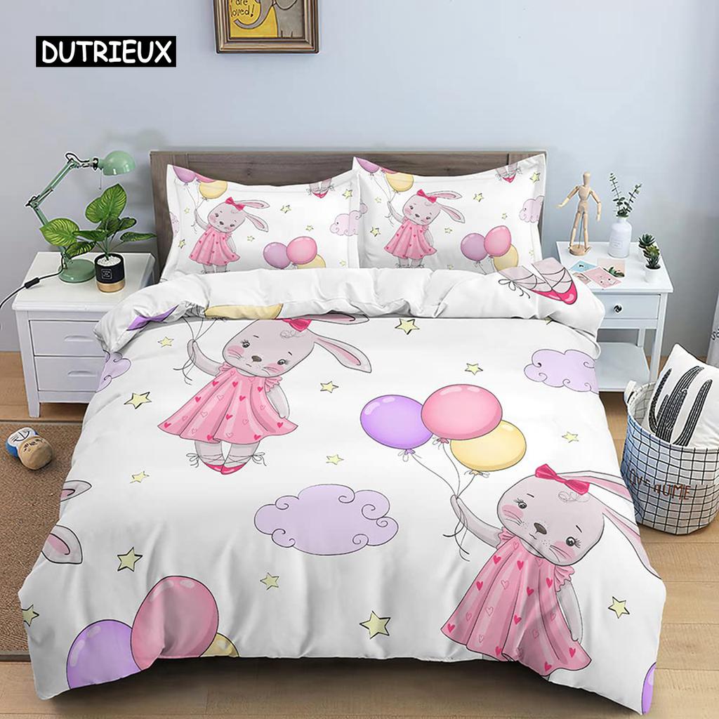 Cartoon Rabbit Bunny Bedding Set for Kids Girl Women Polyester Duvet Cover Quilt Cover with Pillowcase Polyester Comforter Cover