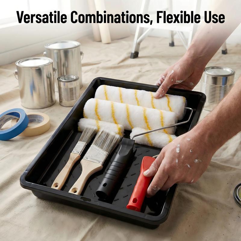 Paint Roller Kit 9 Piece, Paint Rollers, Brushes & Paint Tray, House Painting Supplies, High Absorbency, Washable, Reusable