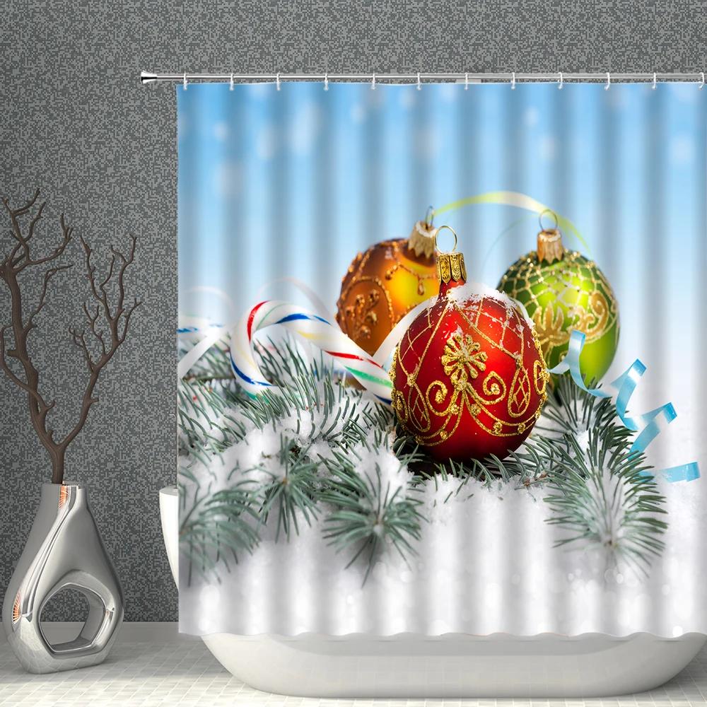 ChristmasTree Bells Shower Curtain Set Happy New Year Waterproof Polyester Cloth Curtains With Hooks Bathroom Home Decor