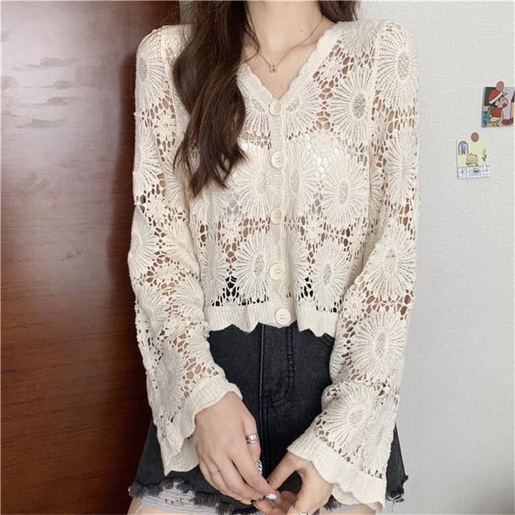 Γυναικεία Κεντημένη Διάτρητη Επτάτελη Καρντιγκάν Προστασίας από τον Ήλιο Τοπ Παραλίας