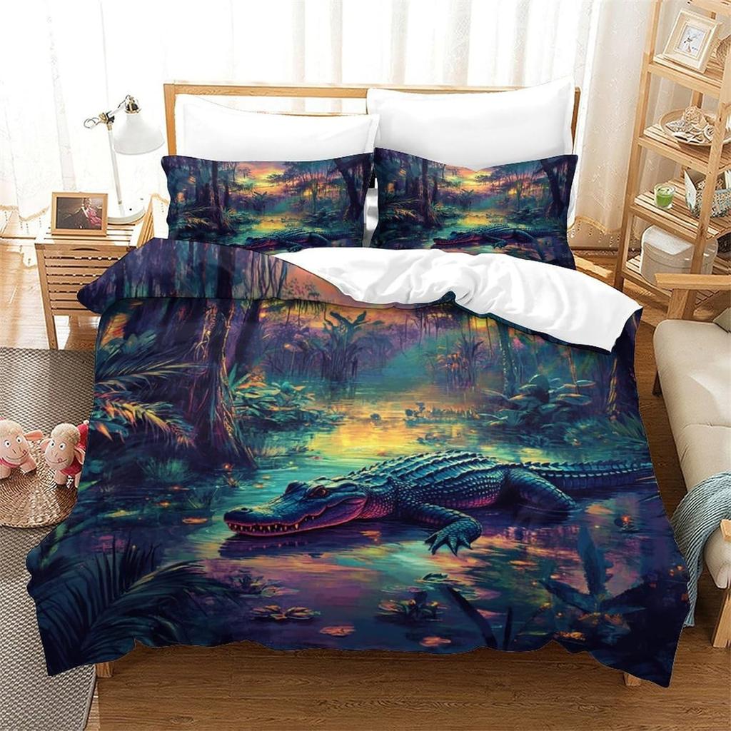 Crocodile 3D Printing Duvet Cover Bedding Set Marsh Animals Microfibre Soft Pillowcases Hidden Zipper Children Teenagers King
