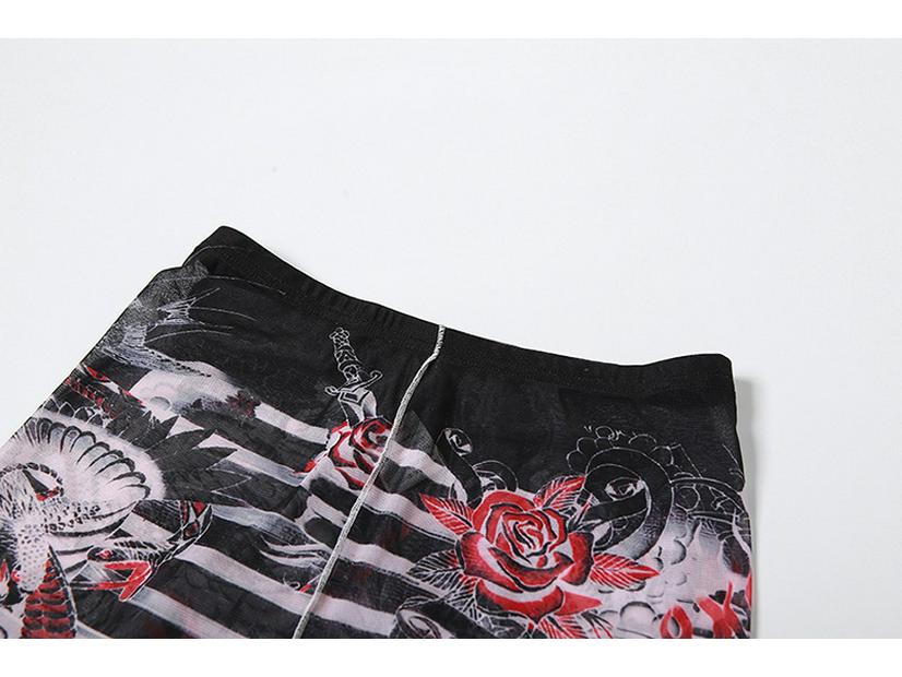 2025 Autumn Women's Sexy Mesh See-Through Print Top & High Waist Casual Pants Set