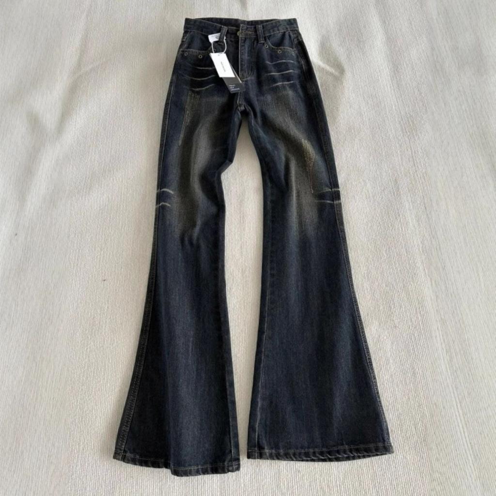 Women's 2025 Korean Flare Jeans High-waisted Niche Design Drape Horseshoe Pants Retro Street Style Baggy Jeans