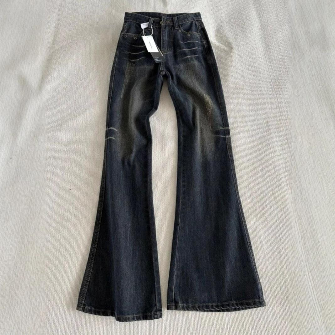 

Винтажные джинсы микро-клеш женские весенне-осенние с высокой посадкой, нишевый дизайн, драпированные брюки-подковы, ретро уличный стиль, мешковатые длинные джинсы для леди 4XL