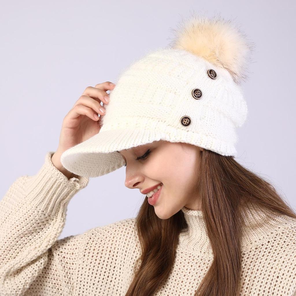 Autumn Winter Women Button Plush Thickened Warm Duck Tongue Big Wool Ball Knitted Wool Hat