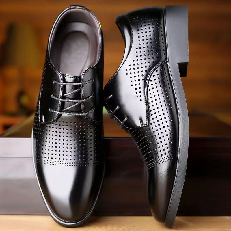 Leather Shoes Men's Summer Business Casual Leather Men's British Dress Black Soft Sole Hollow Breathable Cool Leather Shoes