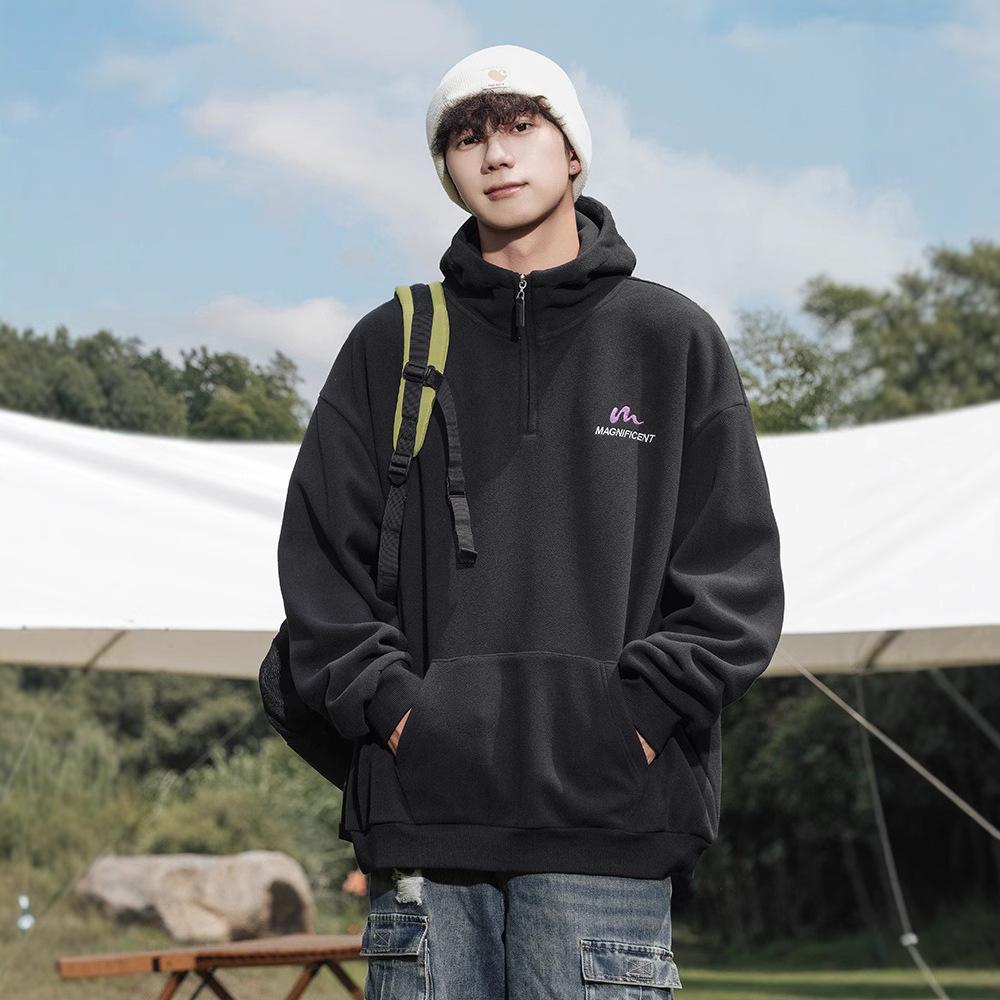 Half Zipper Sweater Mens Winter Thickened Hooded American One Tone Top Warm Jacket M