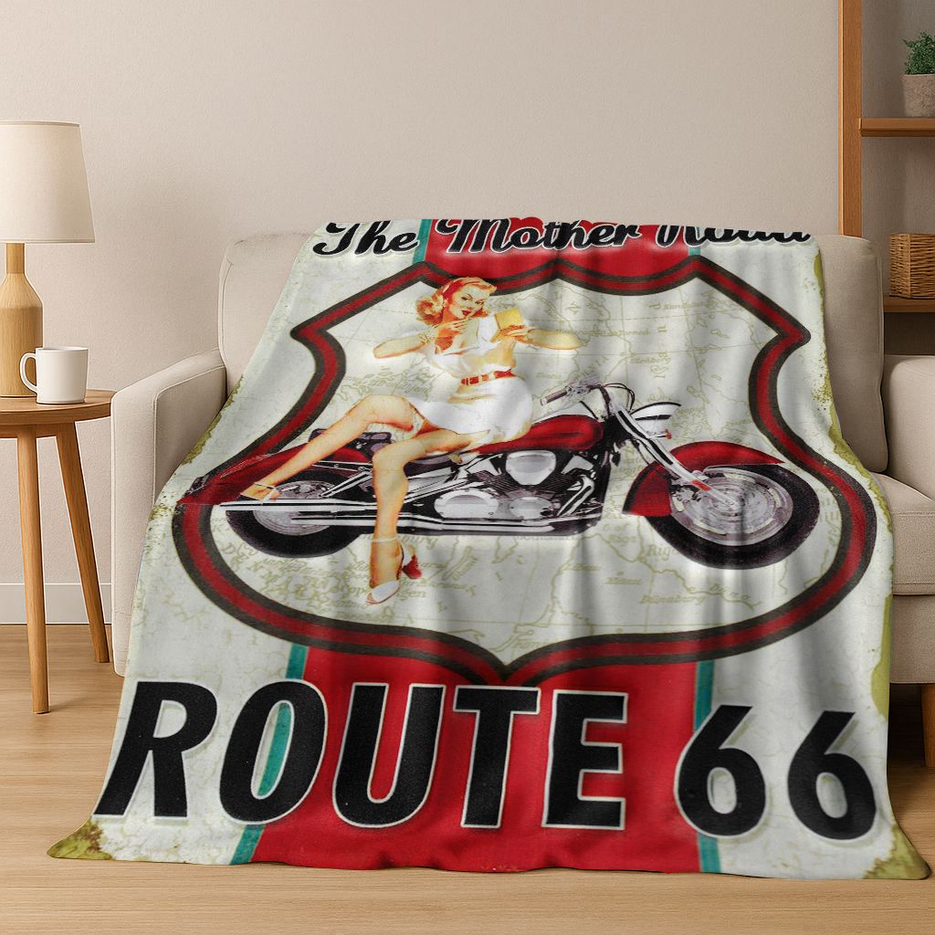 Retro Route 66 Road Trip America Historic Mother Road Art Flannel Blanket,Cozy Soft Throw Blanket for Home Bedroom Bed Sofa Gift