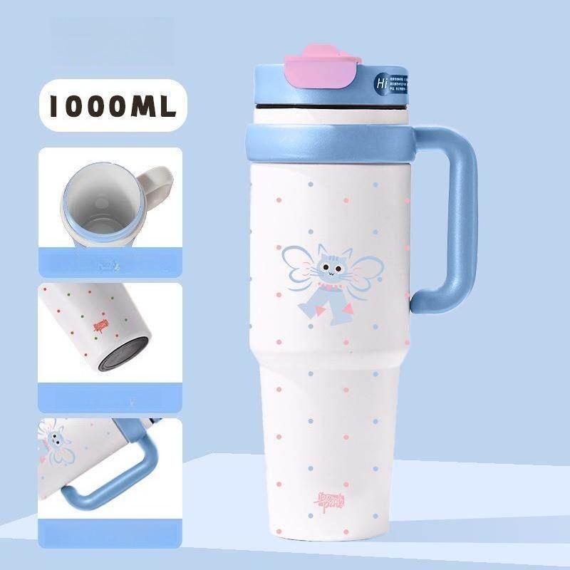 1000ml Ceramic Lined Tumbler with Handle, Large Capacity Vacuum Insulated Coffee Mug,Cartoon Pattern Leakproof Travel Water Cup for Car Office Outdoor