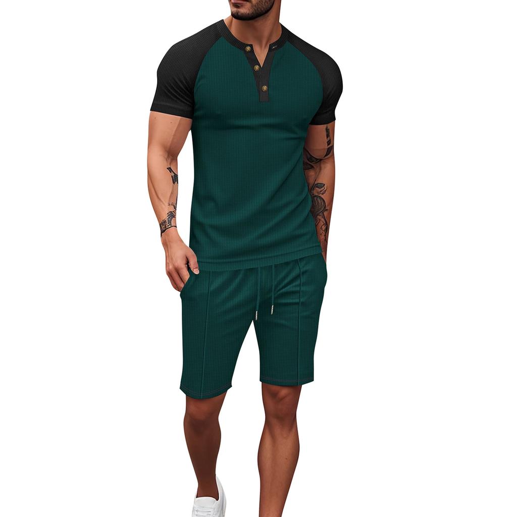 Men's Short Sleeved Shorts Suit Men's Color Matching Casual Round Neck Short Sleeved Shorts Suit