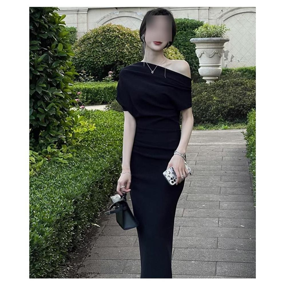 Off-Shoulder Sexy Waist Temperament Pleated Dress Women's Summer Small Dress Long Dress Dress Clothes