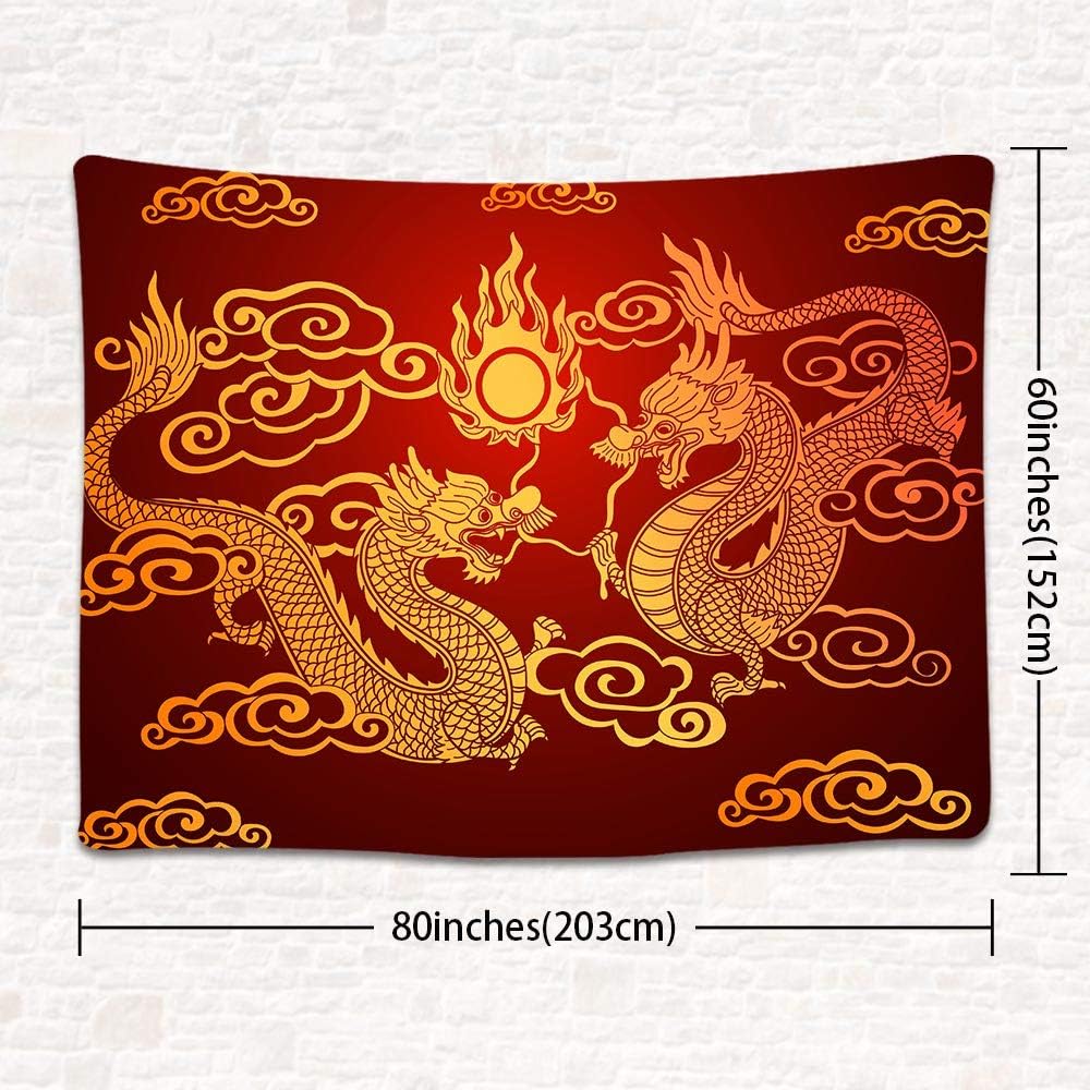 Traditional Chinese Dragon Tapestry, Double Dragons Chasing the Sun with Clouds Wall Hanging for Aesthetic Room Decor