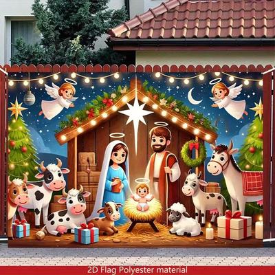 2D Cartoon Kerststal Wandkleed, Kerst Religieuze Feestdecoratie