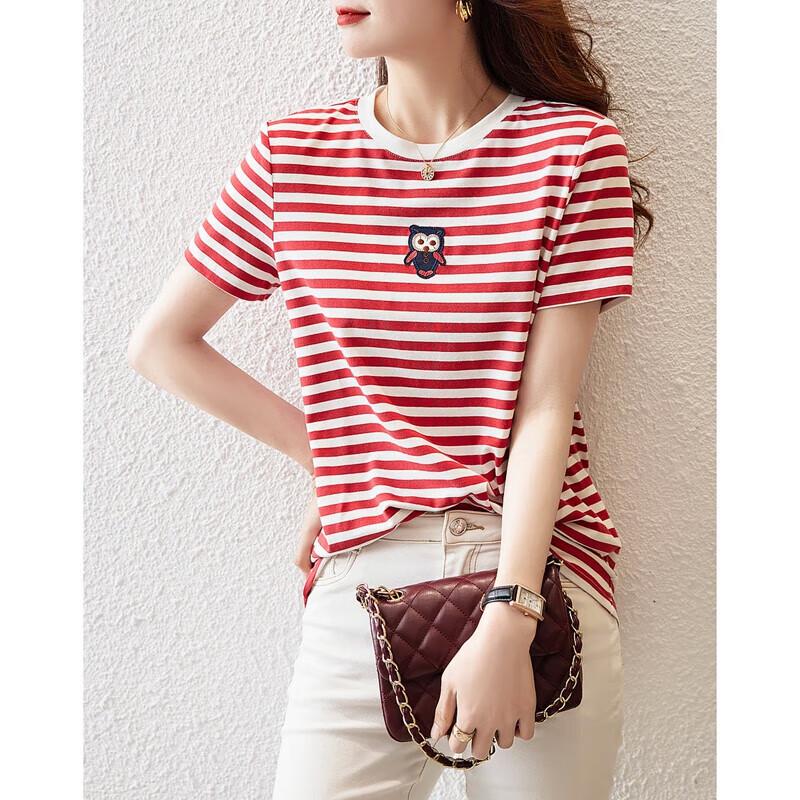 Demana (DME) Women s Owl Appliqué Striped Short Sleeve T-shirt L
