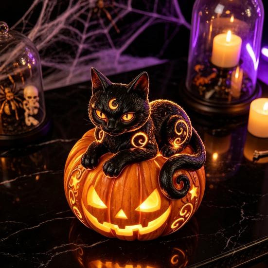 Dekorative LED-Lichter für Fensterbänke Halloween Kürbis Nachtlicht, Harz Drachen Tischlampe, Hexe Stimmungslicht Partyhut Schwarze Katze Krähe Lampe