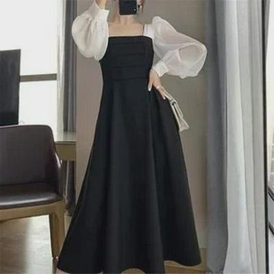 Black Long-Sleeve Square Collar French Retro Mesh Dress for Women - Autumn Collection