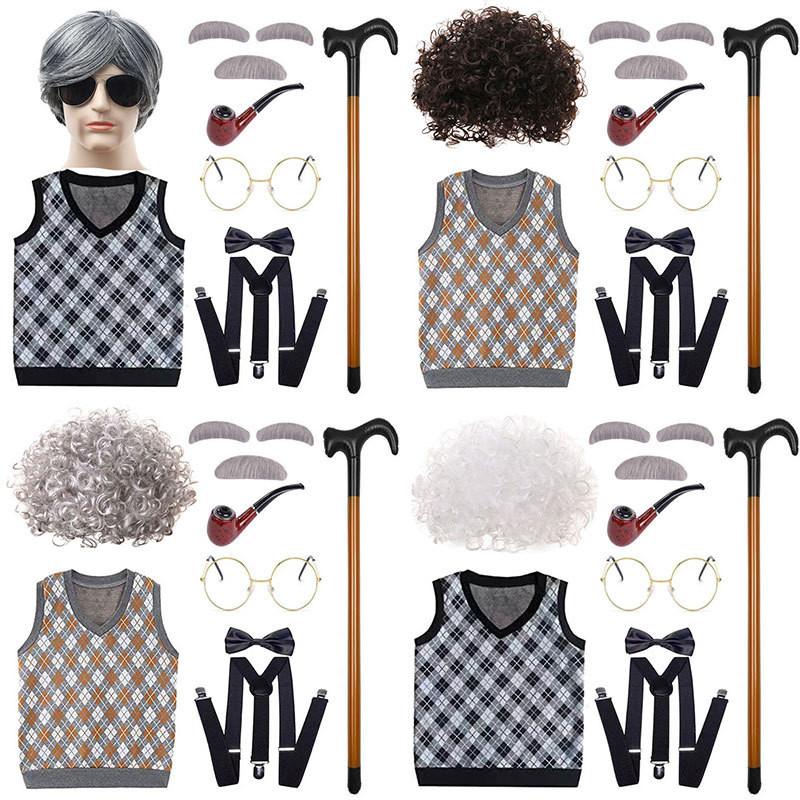 Klassisches Großvater-Kostüm-Perückenset mit kurzem, weichem, lockigem Haar und stilvoller Weste für Kinder
