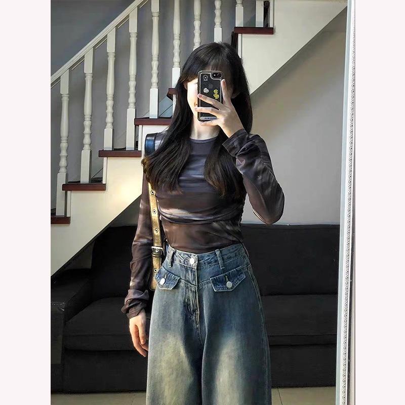 Small short velvet retro wide-leg jeans women's autumn and winter loose and thin high-waisted straight-leg floor pants