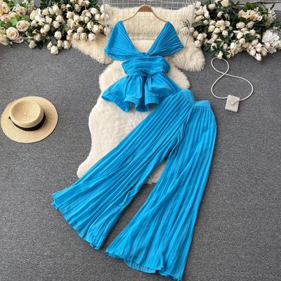 High End Elegant Fashion Set Women's Summer Pleated Sleeveless Chiffon Top+High Waist Wide Leg Pants 2 Two Piece Set Fashion Suits