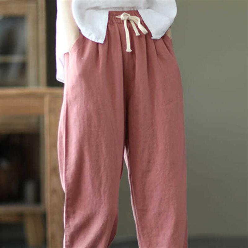 Harajuku Summer High Waist Elastic Women's Cotton Linen Wide Leg Capris Pants for Women Baggy Harem Pants Woman Trousers