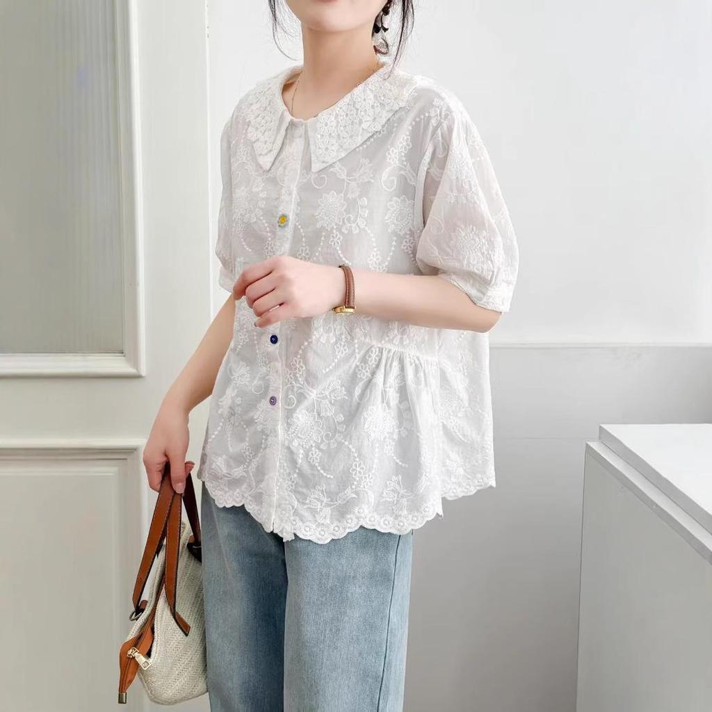 Dámská letní košile s límečkem Petra Pana 2025: Módní, Všestranná, Volná, Zeštíhlující, Omlazující, Halenka s krátkým rukávem