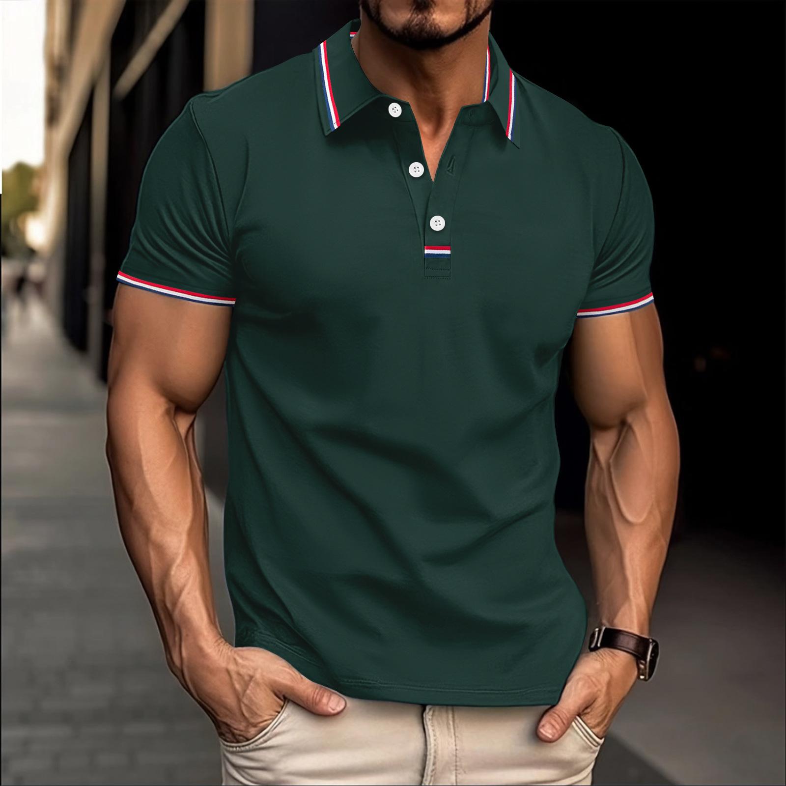 

New Men s Casual Polo Shirt Lapel Placket Pull Stripes Buttons T-shirt Tops S