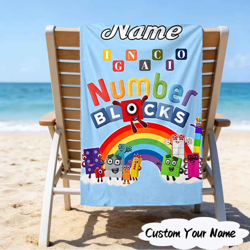 1PC Custom Name Number Blocks Adventure Heart Beach Towel, Lightweight Quick-Dry for Man Woman, for Summer Travel, Swimming Pool Birthday Gift
