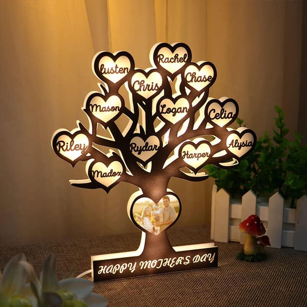 Personalized Photo Family Tree Acrylic Lights Custom 1-12 Child's Names Tree of Life Night Light Mom LED Lamp Mothers Day Room Decor Gift for Mom