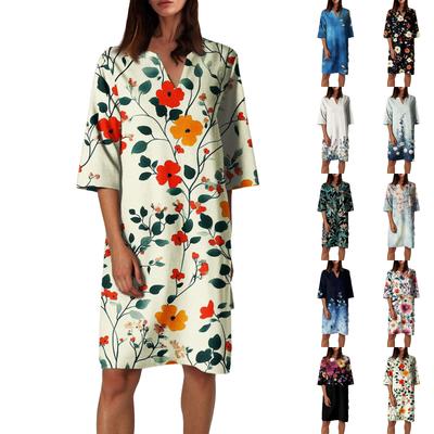 Women's Summer Retro Floral Print V-Neck Half Sleeve Dress Lightweight Breathable Dress