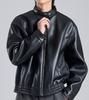 Button Seoul Vegan Leather Neck Webbing Point Biker Jacket (Black)