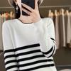 Autumn and winter new striped crew neck women's long-sleeved pullover sweater knitted sweater loose and thin top inside and outside