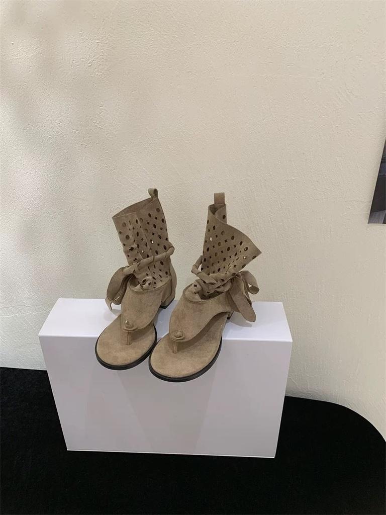 Hollow Out Women Mid Calf Sandals Boots Suede Clip Toe Thick Heel Gladiator Short Boots Retro Summer Daily Wear Beach Shoes