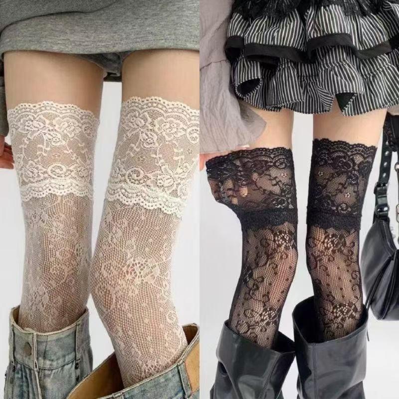 Chaussettes Longues Bordées de Dentelle Féminines Sexy Dentelle Transparente Chaussettes au-dessus du genou pour Femmes