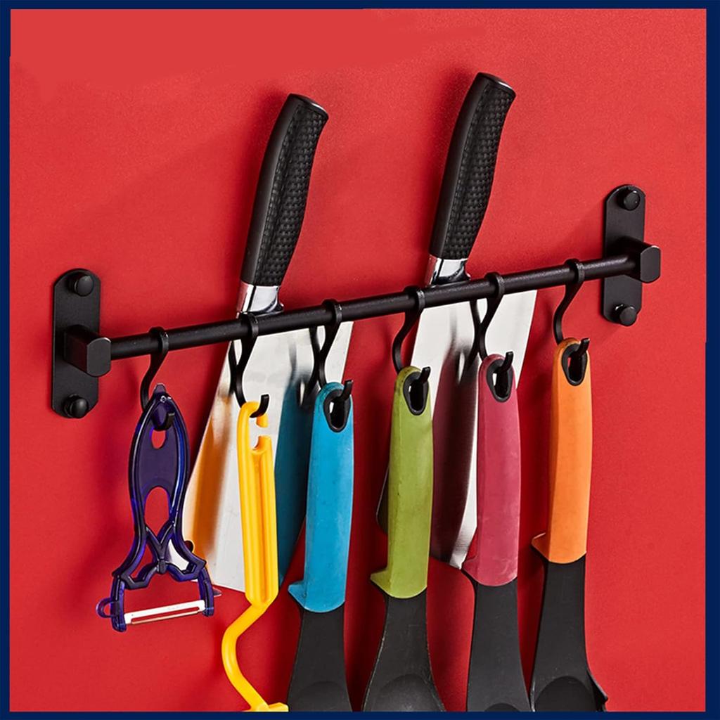 Kitchen Rail with 6 Sliding Hooks, Wall Mount Kitchen Utensil Rack, Pan and Pot Hangers Organization and Storage Holder Set, Black