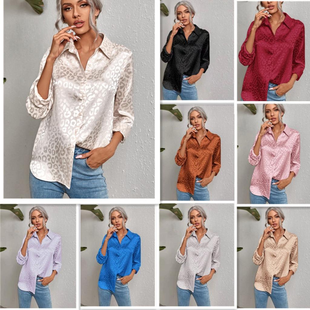 Women's Long Sleeve Lapel Button-up Leopard Jacquard Blouse Elegant Commute Shirt for Leisure