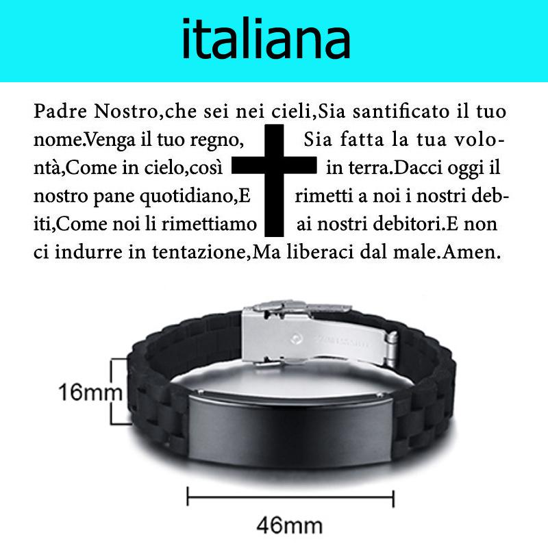 Engraved Christian Lord's Prayer Black Silicone Bracelet Men German French Hebrew Multi Language Brazalets
