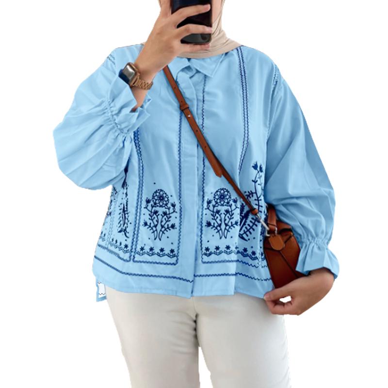 

ZANZEA Женская повседневная блузка с отложным воротником и длинным рукавом с принтом 5XL синий