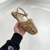 Fashion Large Size Low Sandals Woman Leather Big Low-heeled Slides Hoof Heels PU Fabric Rubber Fretwork Large Size Low Sandals Woman Lea