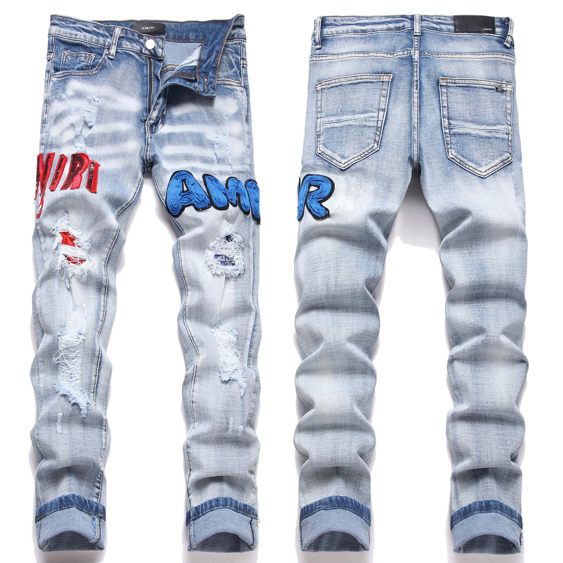Модные синие уличные молодежные стираные потертые эластичные узкие укороченные мужские джинсы 3944 30 синий