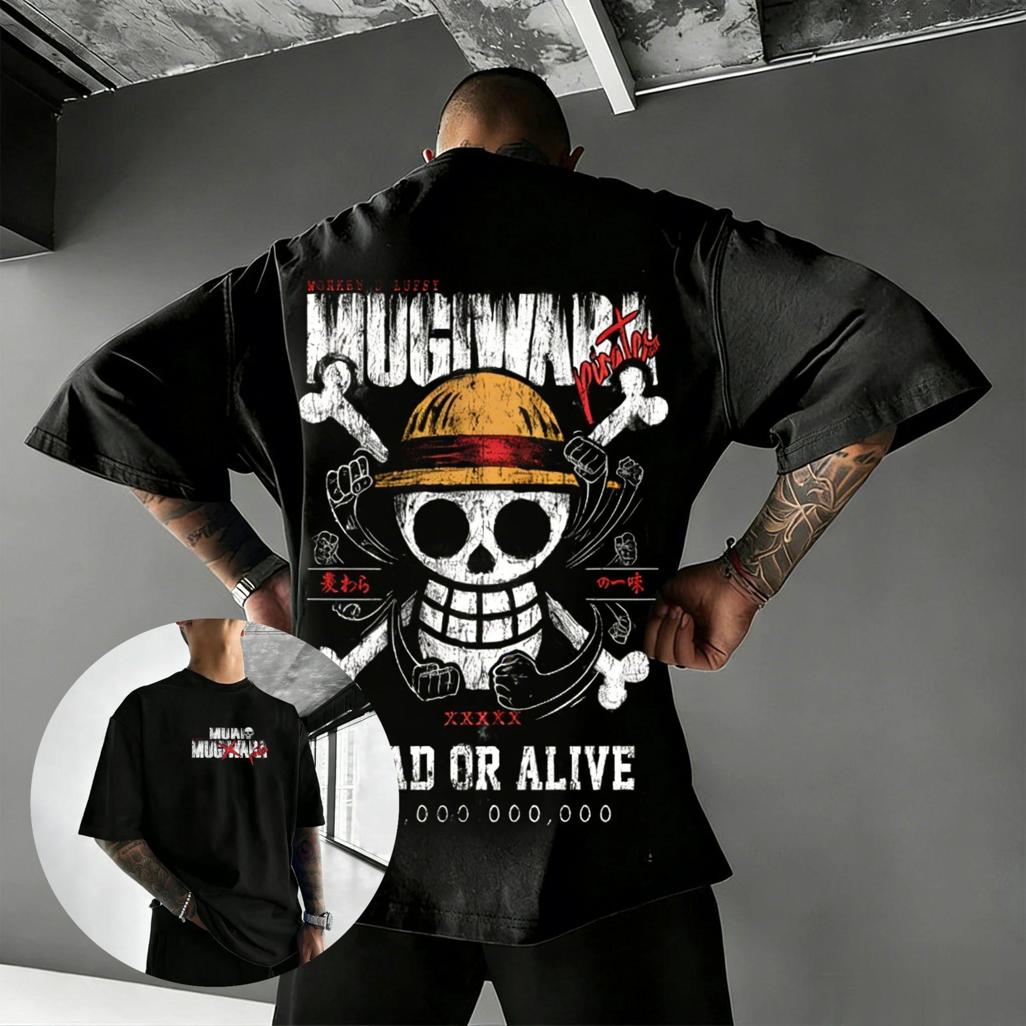 One Piece T-Shirt Men Summer Mugiwara Straw Hat Pirates Wanted Skull Graphic Short Sleeve Streetwear Loose Fit Anime Fan Top L