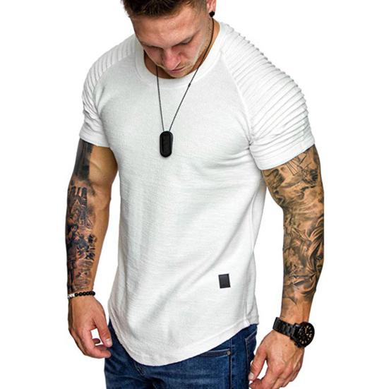 

Summer Men T-shirt O-neck Pleated Wrinkled Raglan Short Sleeve Slim Fit Solid Color Pullover Tops Streetwear XL белый