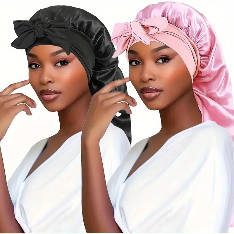 Women Satin Bonnet Solid Sleeping Hat Stretchy Tie Band Elastic Night Shower Cap Adjustable Hair Head Cover for
