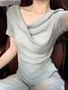 Gentle folds irregular one-word collar off-the-shoulder short-sleeved T-shirt women's summer new niche design top