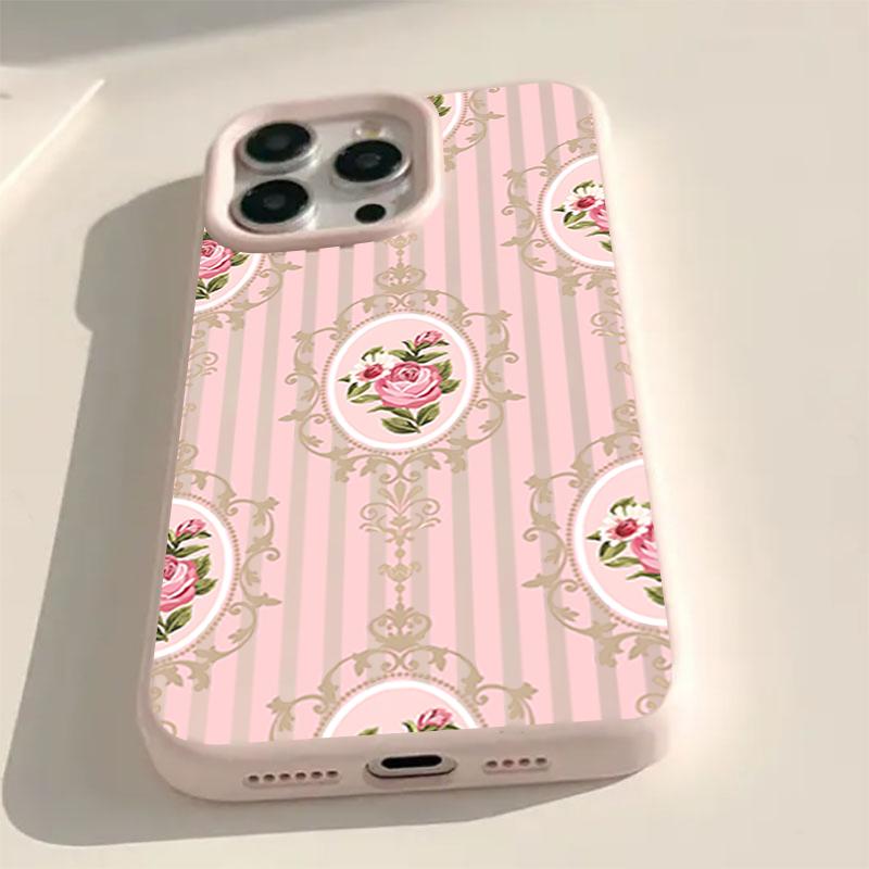 Vertical Pink Striped Background Rose Flower Cluster Patterns Phone Case For iPhone 17 16 Pro Max 15 14 Plus 13 12 Pro 11 Cover