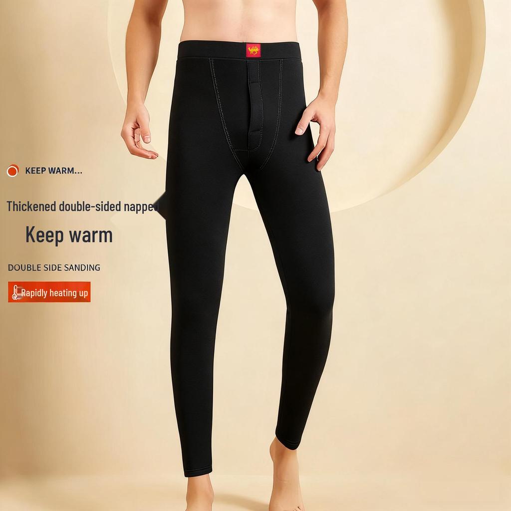 Men's Gray Thermal Camel Hair Leggings with Fleece Lining - Thick, High Elasticity, Tight-fitting, Warm Winter Cotton Pants