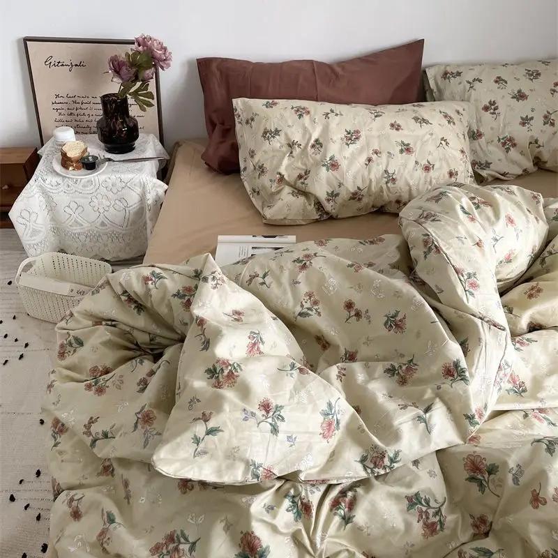 Green Floral Duvet Cover Set No Filler Pillowcase Flat Sheet Fashion Single Queen Size Girls Blanket Decoration Bedding Set