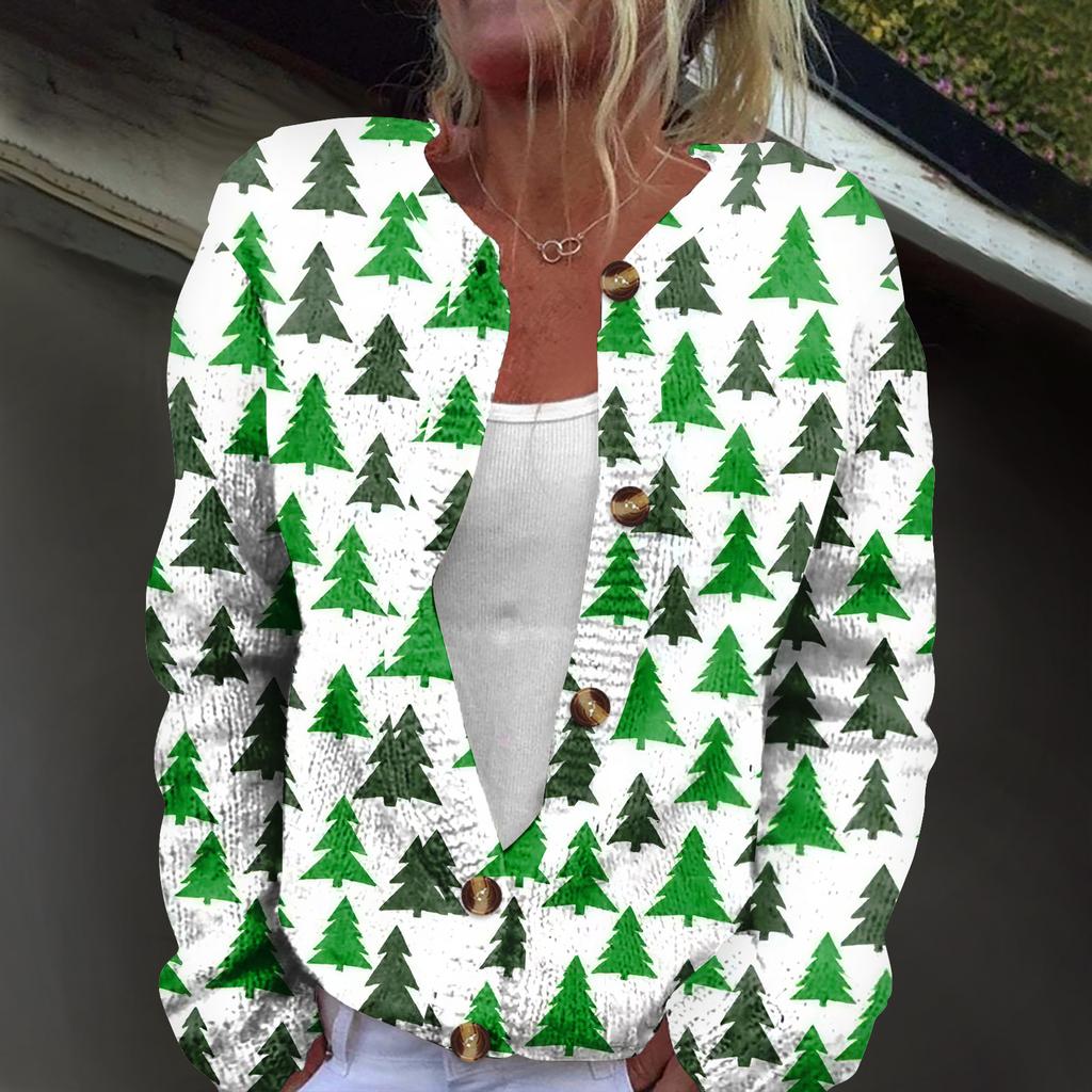 Mote for kvinner Juleprint Langermet Strikket Cardigan Knappejakke