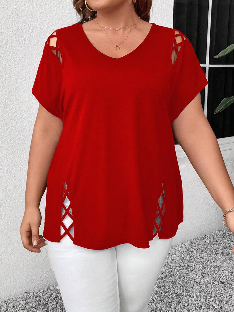 2026 Plus Size V-Neck Cross Strap Hollow Short Sleeve Women's T-shirt