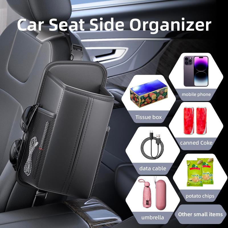 Car Seat Side Organizer Multifunctional Tissue Box Holder with Storage Pouch Universal Fit for SUV Sedan Truck Road Trips