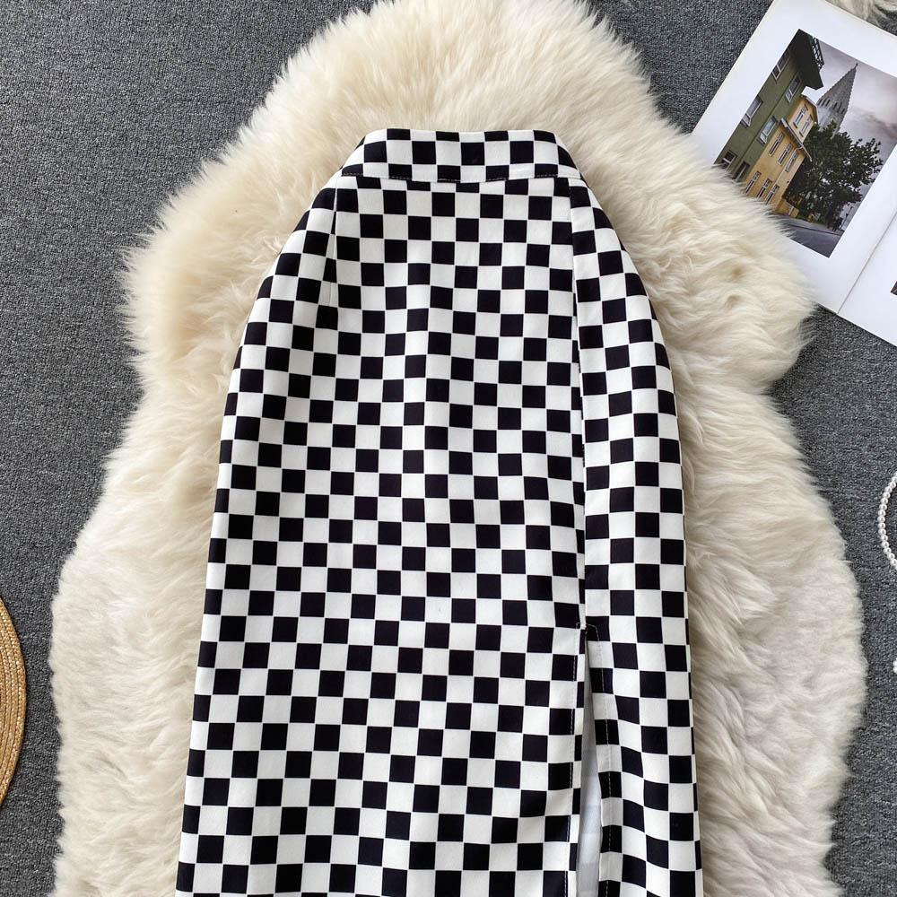 Plaid Skirt Women's Spring And Summer Niche Split One-Step Skirt Medium Long High Waist A-Shaped Hip Wrap Skirt